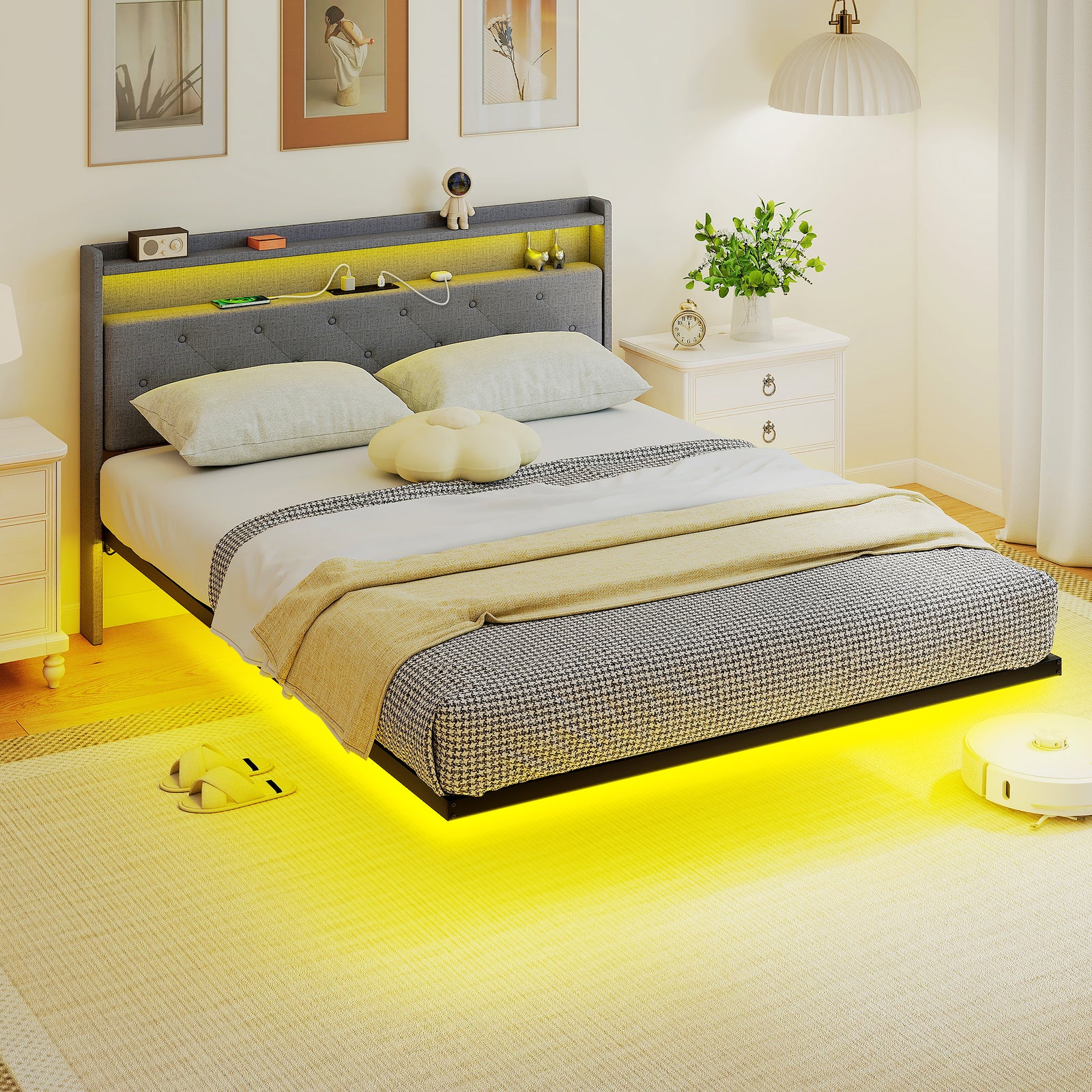 Floating Bed Frame, Upholstered 5ft King Size Bed, Platform Bed with R