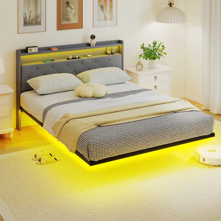 Floating Bed Frame, Upholstered 5ft King Size Bed, Platform Bed with R