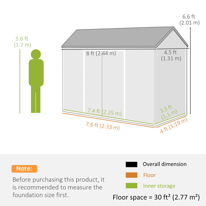 8 x 4 ft Plastic Garden Shed, Wood-Effect Outdoor Storage Shed with Fl
