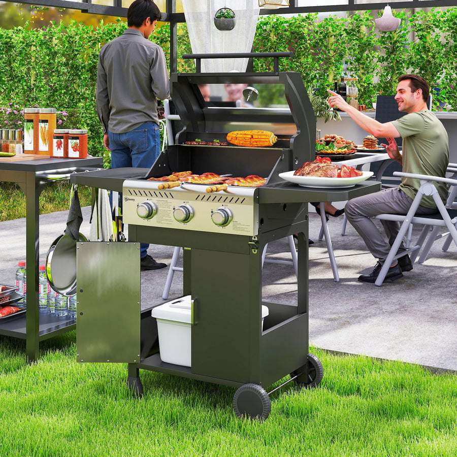 7.5kW Three-Burner Gas BBQ Grill, with See-Through Lid - Black