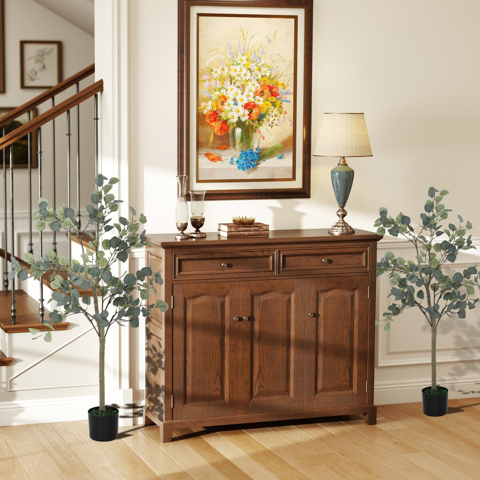 Set of 2 Decorative Artificial Tree, 4ft/ 120cm Silk Eucalyptus Trees with 230 Silver Dollar Leaves in Pot, Fake Plants for Home, Office, Living Room, Indoor Decor