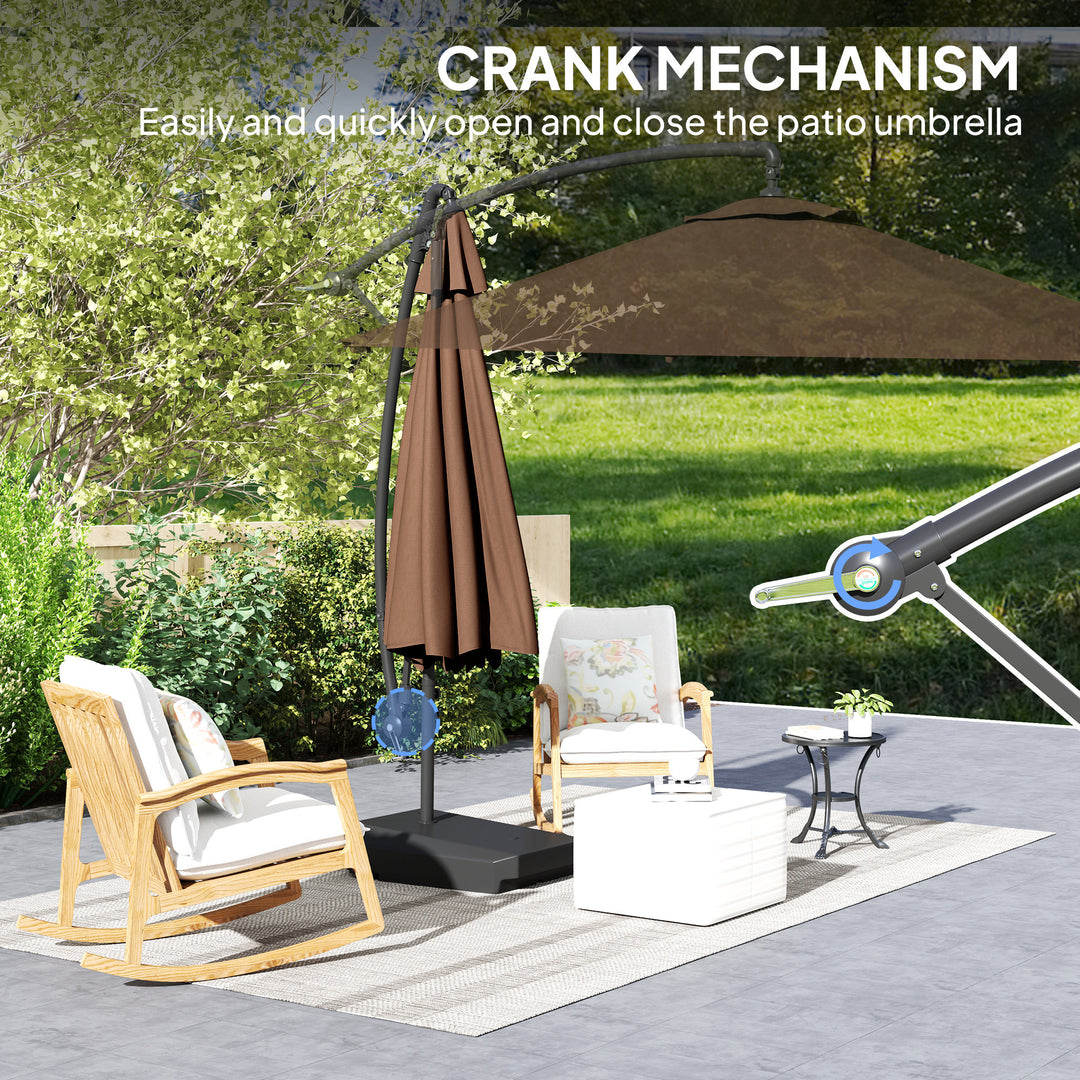 3(m) Garden Cantilever Parasol with Fillable Base up to 90kg, Wind Protection Strap, Cover, Round Banana Hanging Umbrella with Crank Handle and Tilt, UPF50+ Patio Umbrella, Brown