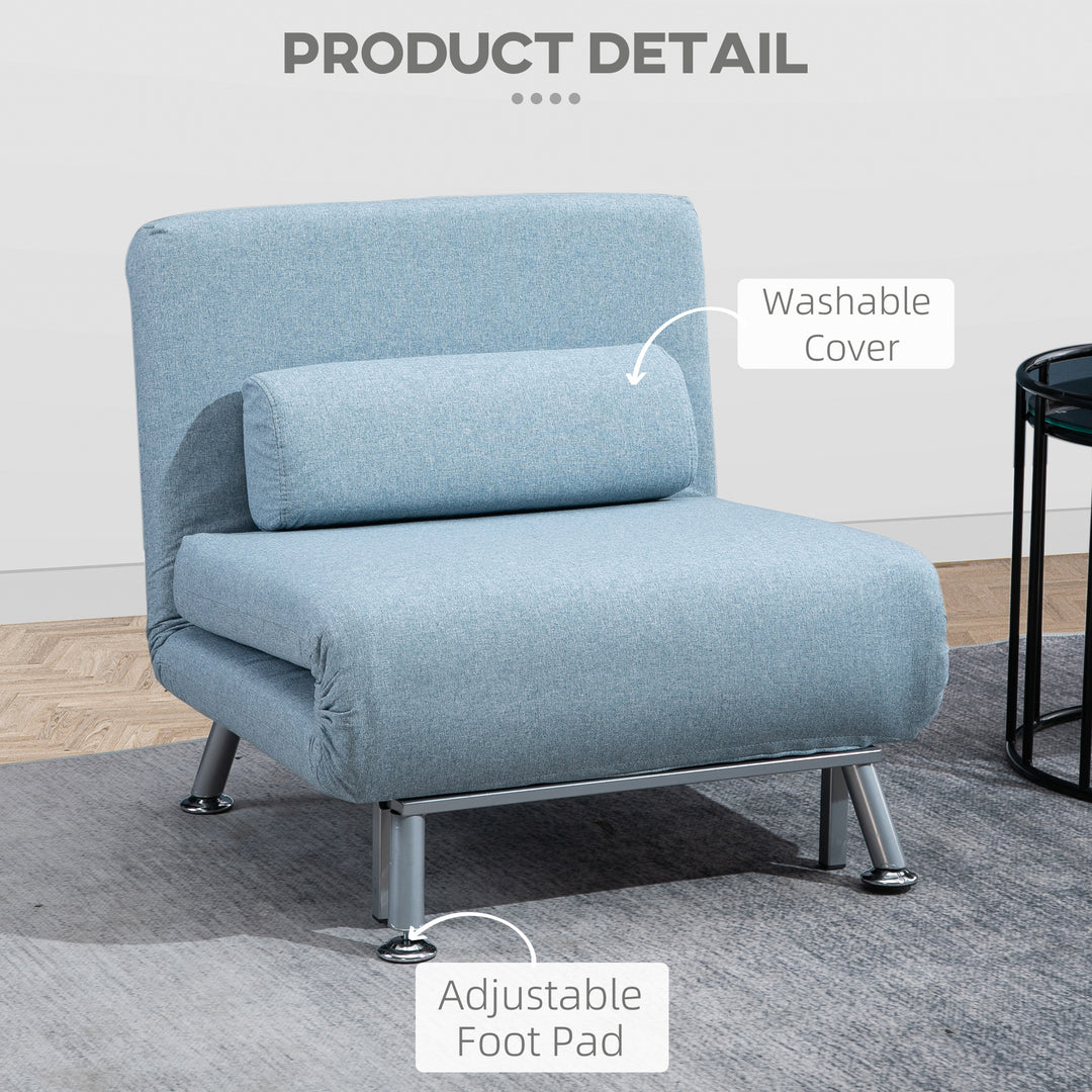 Linen Chair Bed, 3-in-1 Convertible Sleeper Chair with Adjustable Backrest, Pillow, for Living Room, Bedroom, Sky Blue