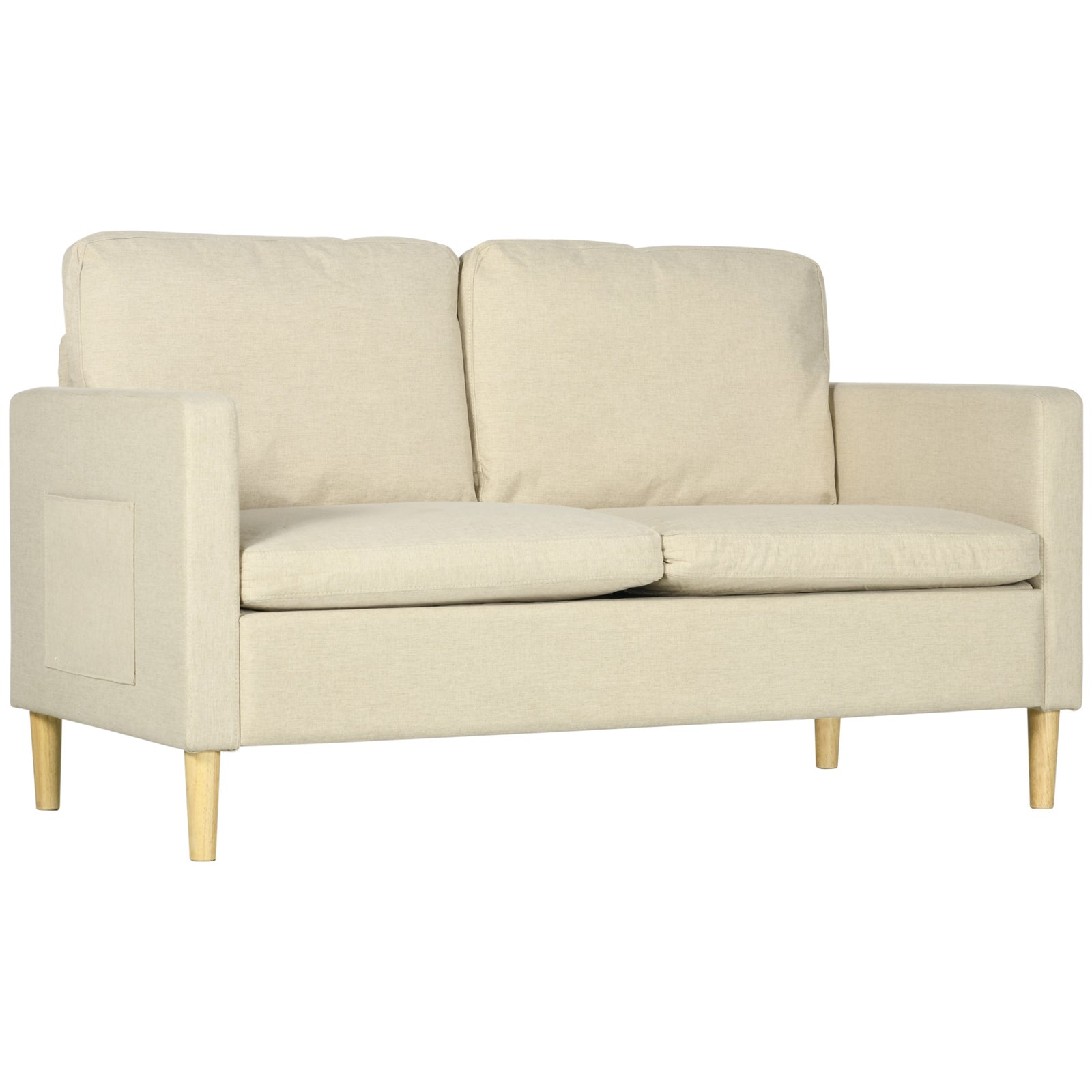 Two Seater Sofa for Living Room, Modern Fabric Couch with Wood Legs and 2 Pockets for Bedroom and Home Office, Beige