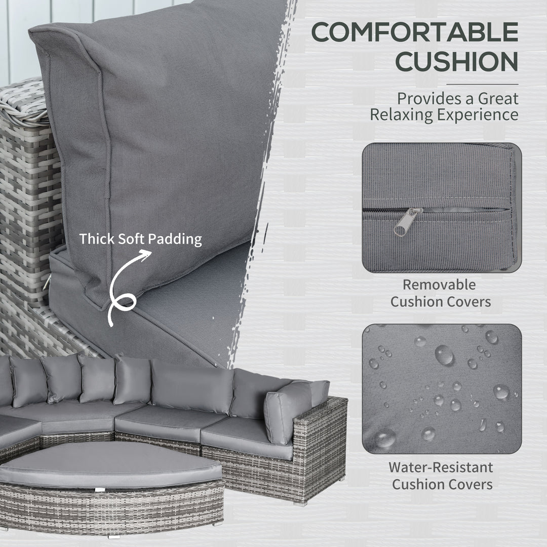 6 Pieces Outdoor PE Rattan Wicker Sofa Set with 10cm Thick Padded Cushionsand Half Round Patio Conversation Furniture Set with Angled Corner Designand Ottomansand and Back Pillows, Grey