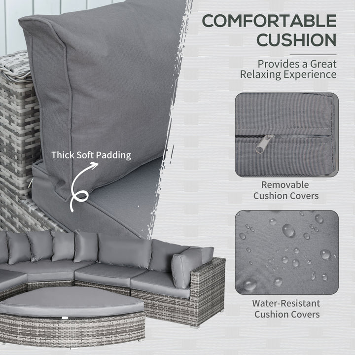 6 Pieces Outdoor PE Rattan Wicker Sofa Set with 10cm Thick Padded Cushionsand Half Round Patio Conversation Furniture Set with Angled Corner Designand Ottomansand and Back Pillows, Grey