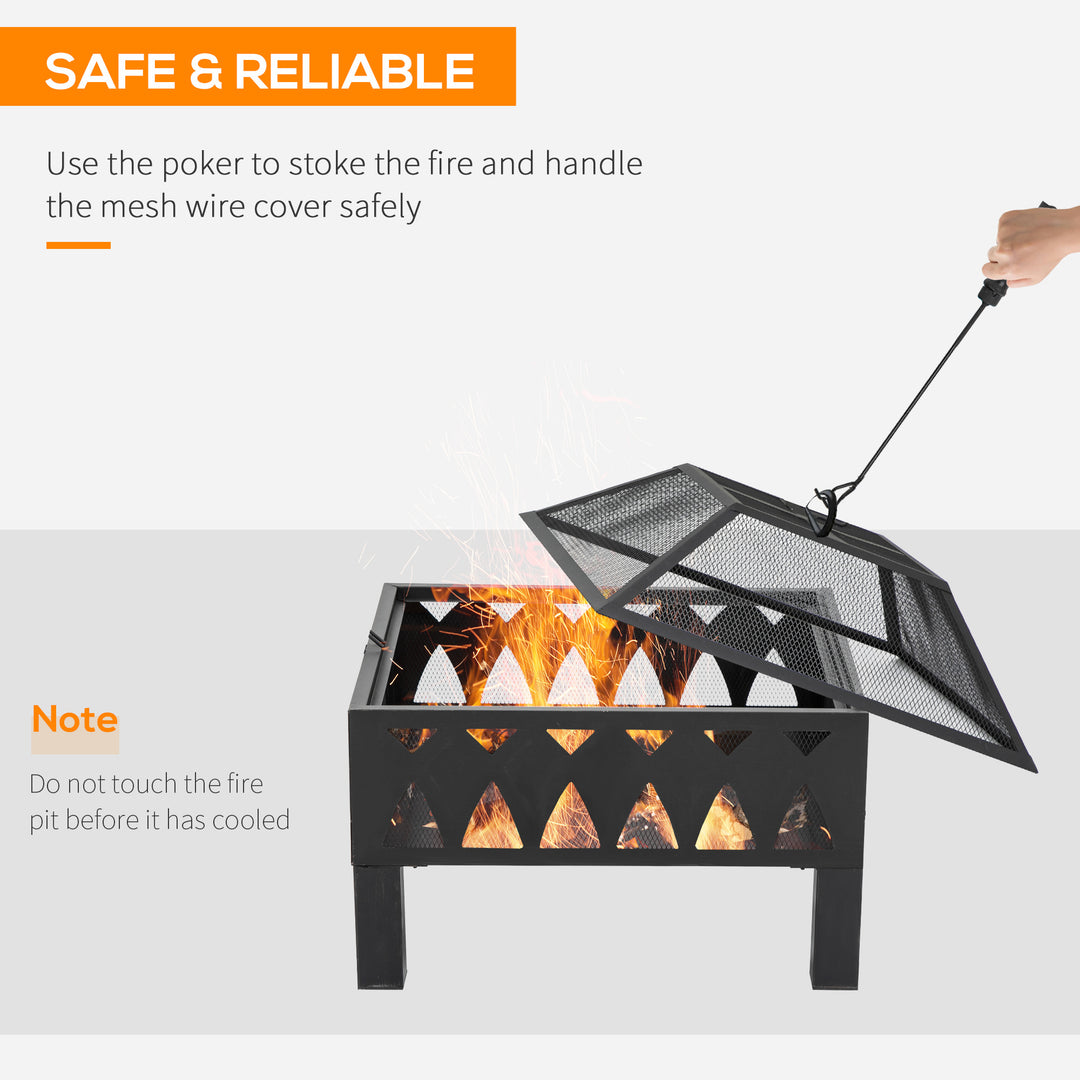 66cm Outdoor Fire Pit with Screen Cover, Wood Burner, Log Burning Firepit Bowl with Poker for Patio, Backyard, Black