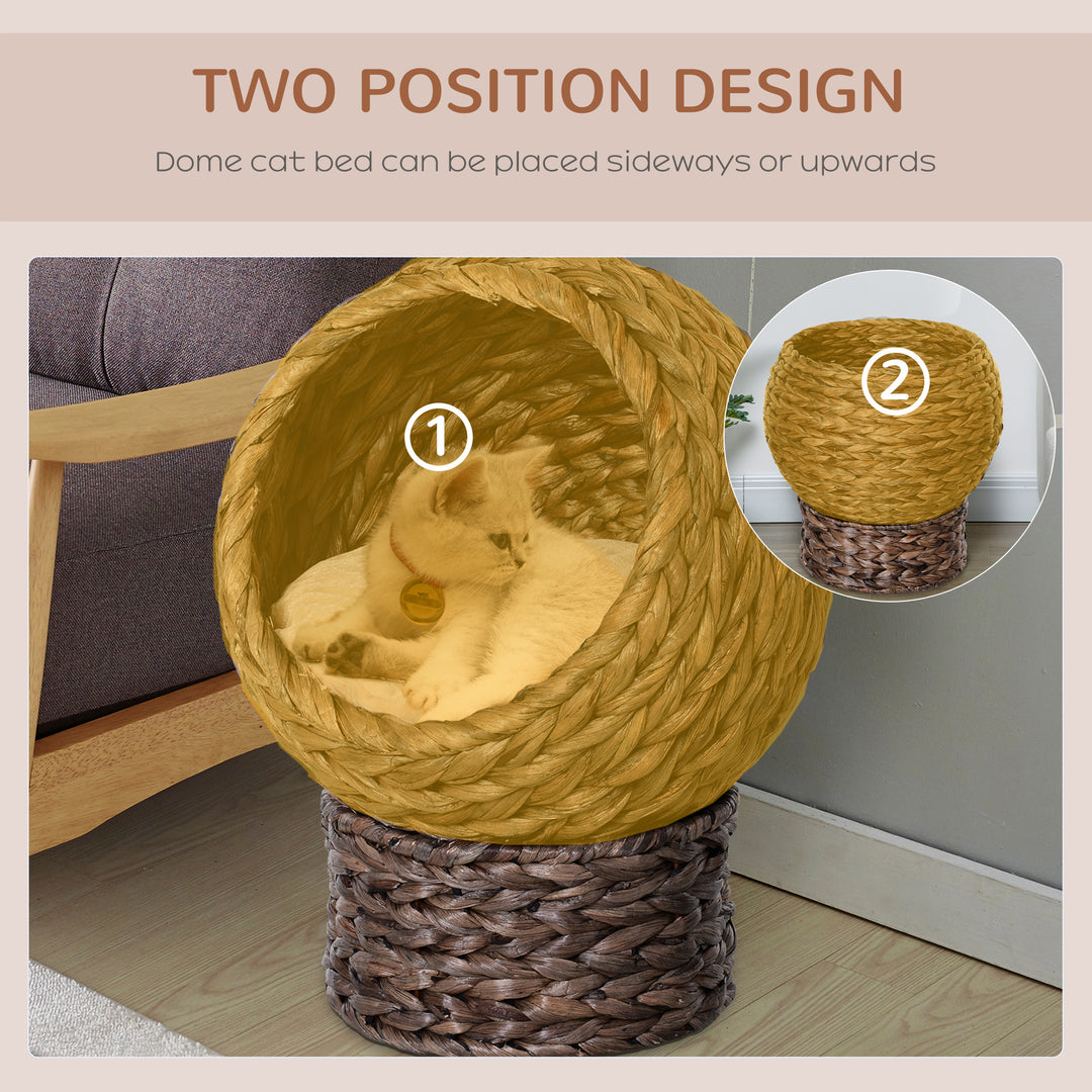 PawHut Wicker Cat Bed, Raised Rattan Cat Basket with Cylindrical Base, Soft Washable Cushion, 42 x 33 x 52cm - Brown | Aosom UK