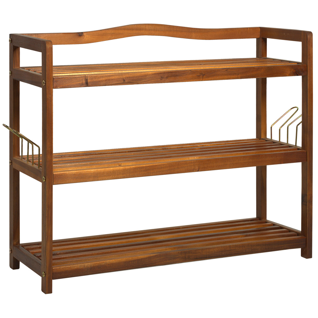 3-Tier Shoe Rack, Acacia Wooden Shoe Storage Organiser with 2 Hangers, Holds up to 12 Pairs, for Entryway, Living Room, 74 x 26 x 62 cm, Teak