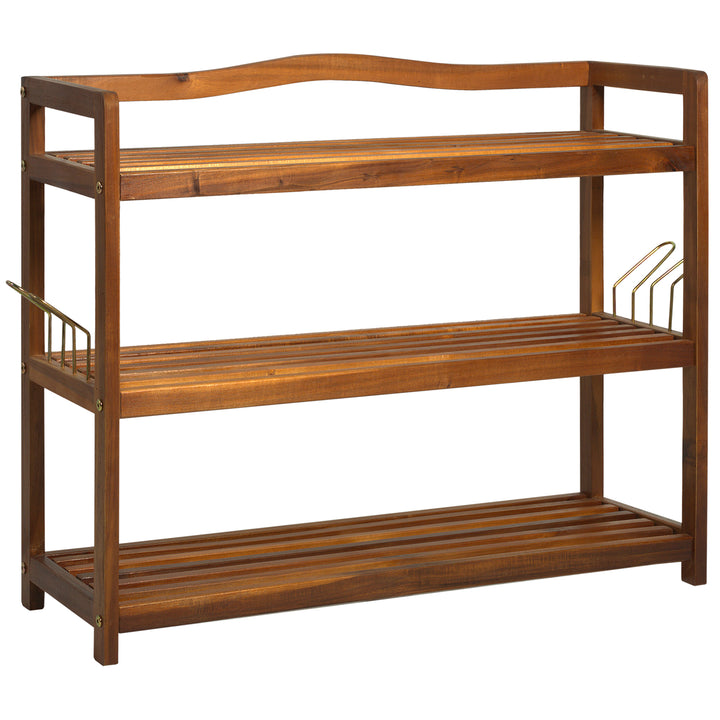 3-Tier Shoe Rack, Acacia Wooden Shoe Storage Organiser with 2 Hangers, Holds up to 12 Pairs, for Entryway, Living Room, 74 x 26 x 62 cm, Teak