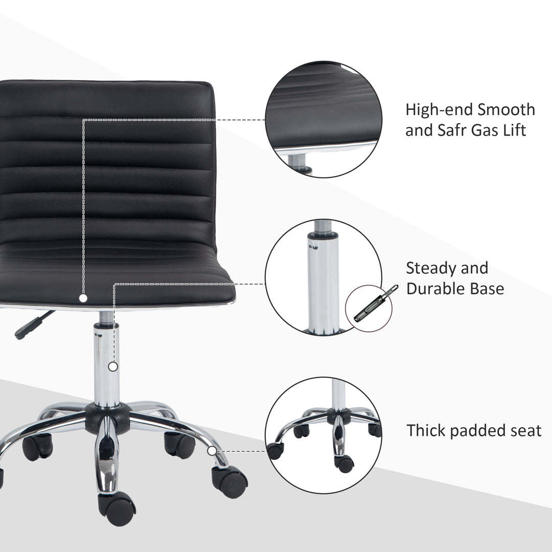 Armless Task Desk Chair, Swivel Office Chair with Faux Leather, Adjustable Seat Height, Chrome Base, Wheels for Home, Black