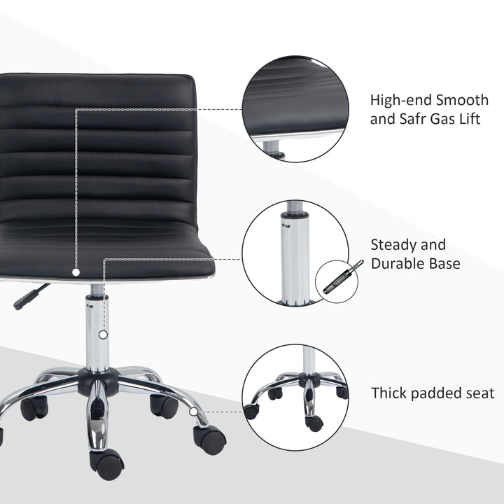 Armless Task Desk Chair, Swivel Office Chair with Faux Leather, Adjustable Seat Height, Chrome Base, Wheels for Home, Black