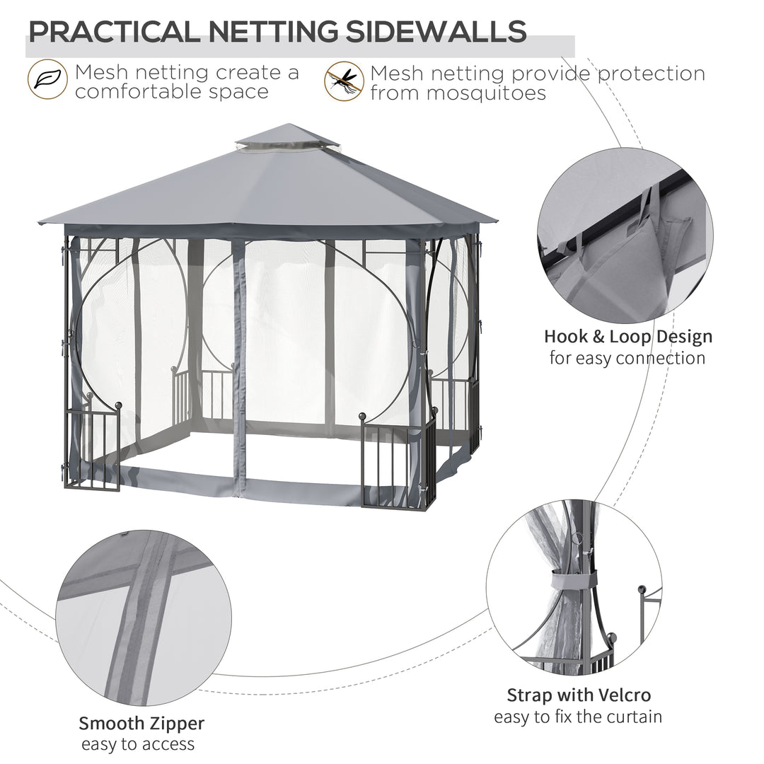 3 x 3(m) Garden Gazebo Patio Party Tent Shelter Outdoor Canopy Double Tier Sun Shade Metal Frame Netting, Light Grey
