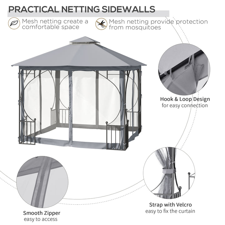 3 x 3(m) Garden Gazebo Patio Party Tent Shelter Outdoor Canopy Double Tier Sun Shade Metal Frame Netting, Light Grey