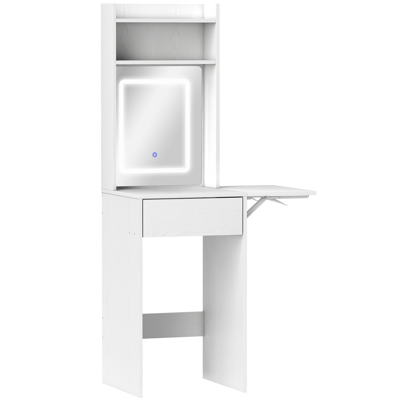 Small Vanity Desk with Mirror and LED Lights, Compact Dressing Table with Drop Leaf, Open Shelves and Drawer, White