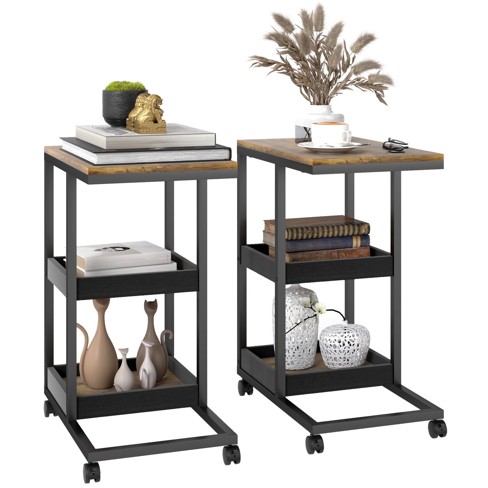 Mobile Sofa Side Table Set of 2, Industrial C-Shaped Rolling Couch Table with 3-Tier Storage Shelving Four Lockable Wheels Steel Frame, Dark Brown