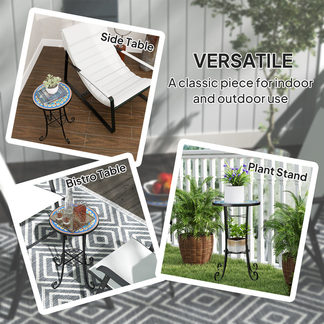 Mosaic Garden Table, 35.5 cm Round Outdoor Table with Shelf, Ceramic Tile Top, Small Garden Side Table Bistro Table End Table Plant Stand for Indoor, Patio, Balcony, Blue