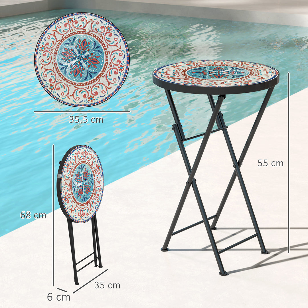 Mosaic Outdoor Garden Table, 35.5cm Round Folding Coffee Table with Metal Frame for Balcony Terrace, Multicolour