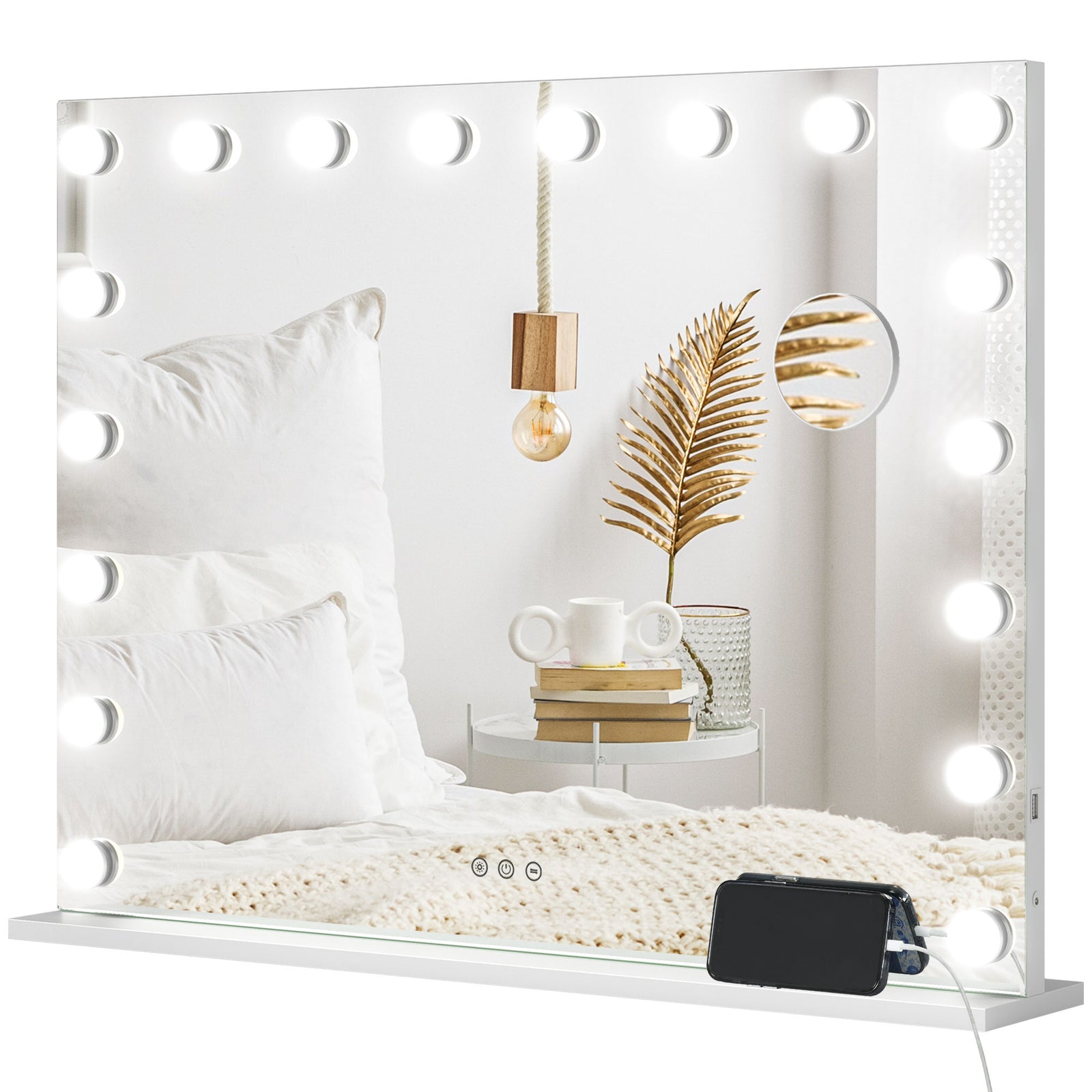 Hollywood Vanity Mirror with Lights, Large 80x62 cm Lighted Makeup Mirror with 3 Colour, 18 LED Bulbs, 10X Magnifying, USB Charging Port, Touch Screen, Tabletop or Wall Mounted Design, White