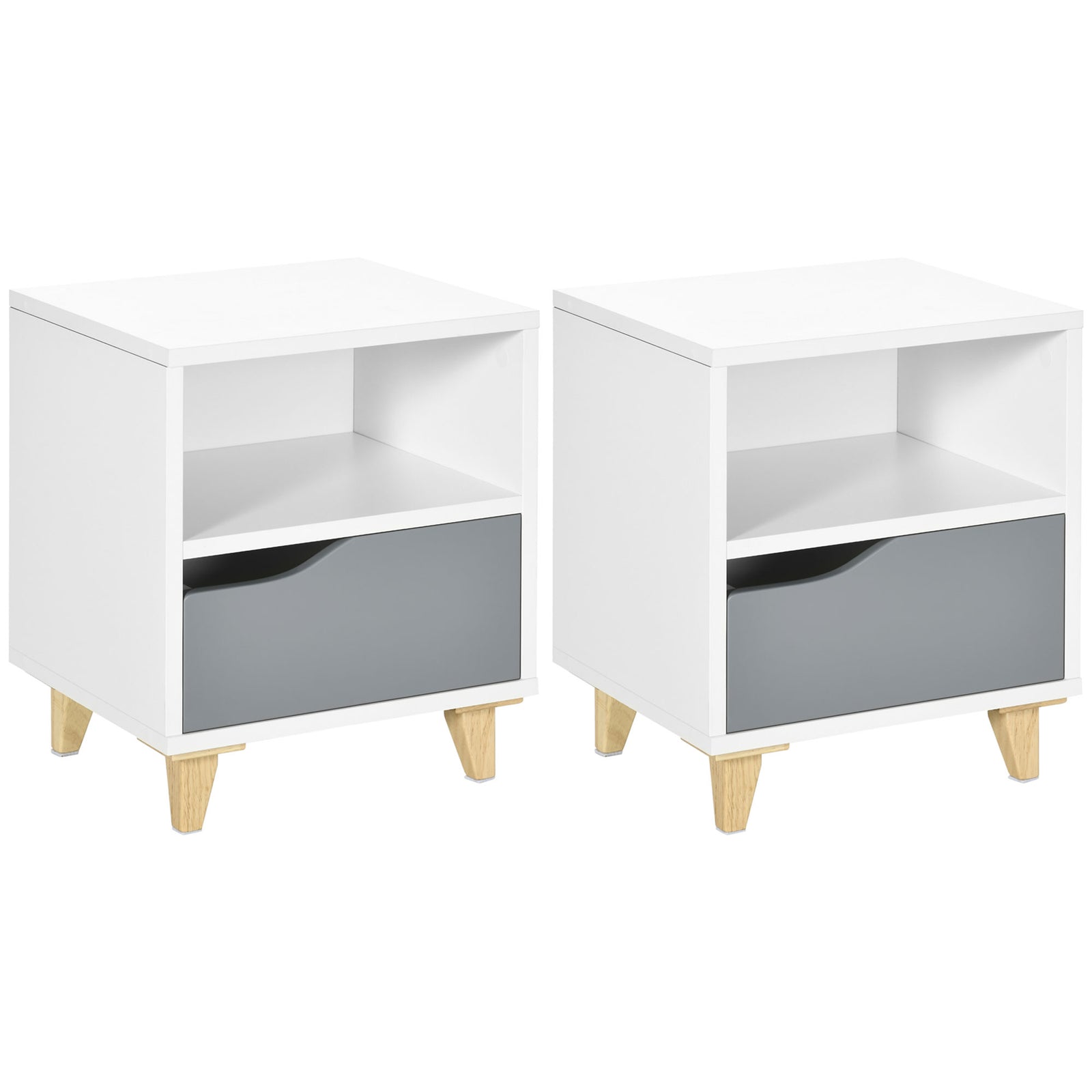 Set of 2 Modern Bedside Tables with Shelves, Drawers and Wood Legs, 36.8cm x 33cm x 43.8cm, White and Grey