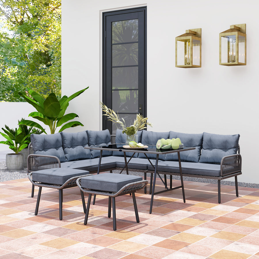 6 Piece Rattan Garden Furniture Set, 8 Seater Garden Corner Sofa with Cushions and Glass Top Table, Sectional Outdoor Furniture Conservatory Set for Patio, Charcoal Grey