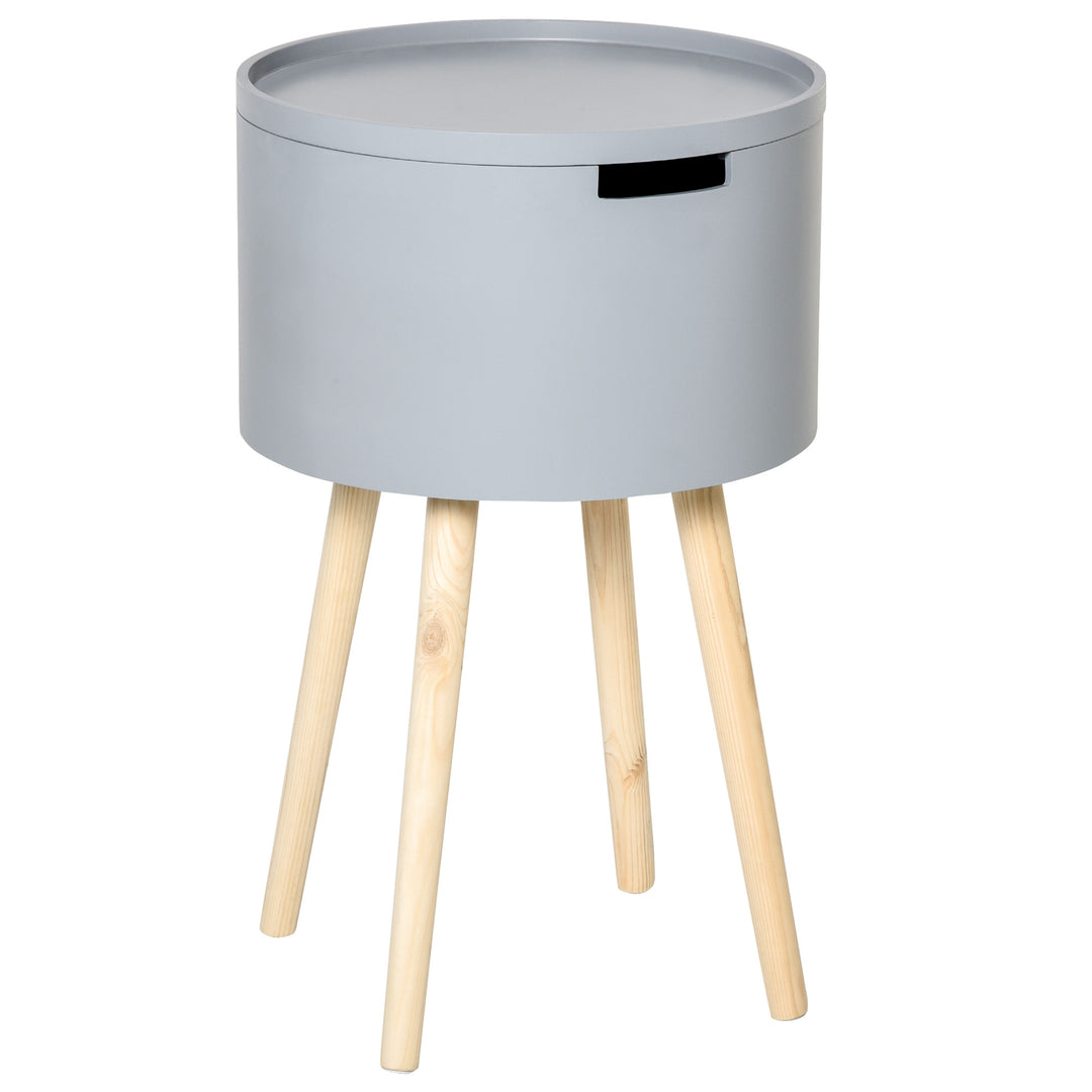 Modern Side Table with Hidden Storage Space, Round Night Stand with Removable Tray Wood Frame End Coffee Table for Living Room, Grey