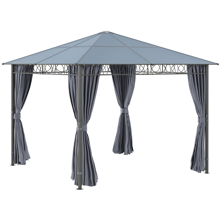 MCL 3 x 3(m) Hardtop Gazebo Canopy with Polycarbonate Roof, Permanent Pavilion Garden Gazebo with Curtains for Patio, Deck, Grey