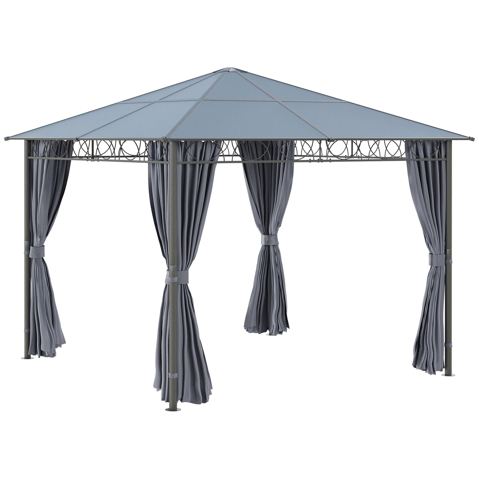 3 x 3(m) Hardtop Gazebo Canopy with Polycarbonate Roof, Permanent Pavilion Garden Gazebo with Curtains for Patio, Deck, Grey