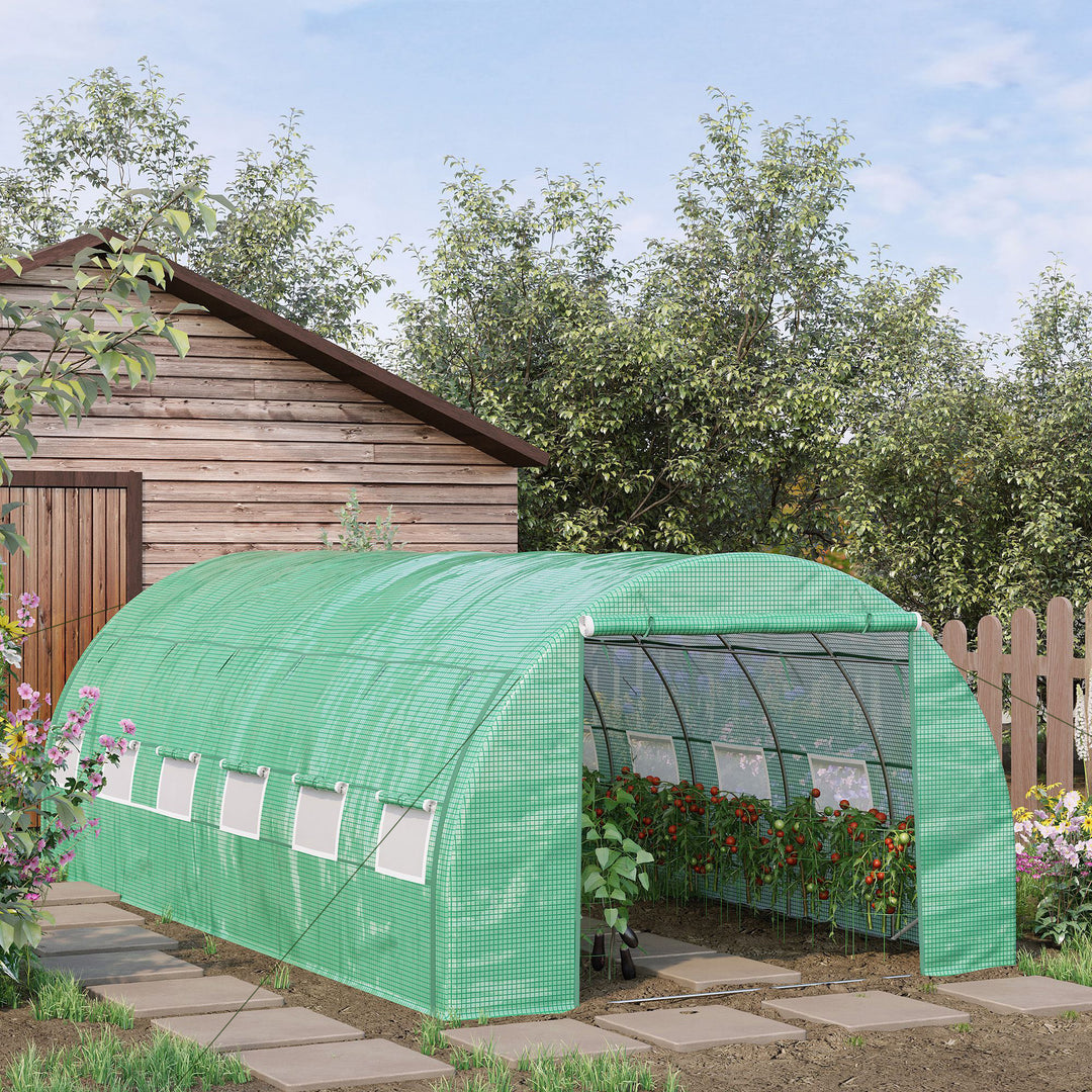 Outsunny Polytunnel Greenhouse Walk-in Grow House Tent with Roll-up Sidewalls, Zipped Door and 12 Windows, 6x3x2m Green | Aosom UK