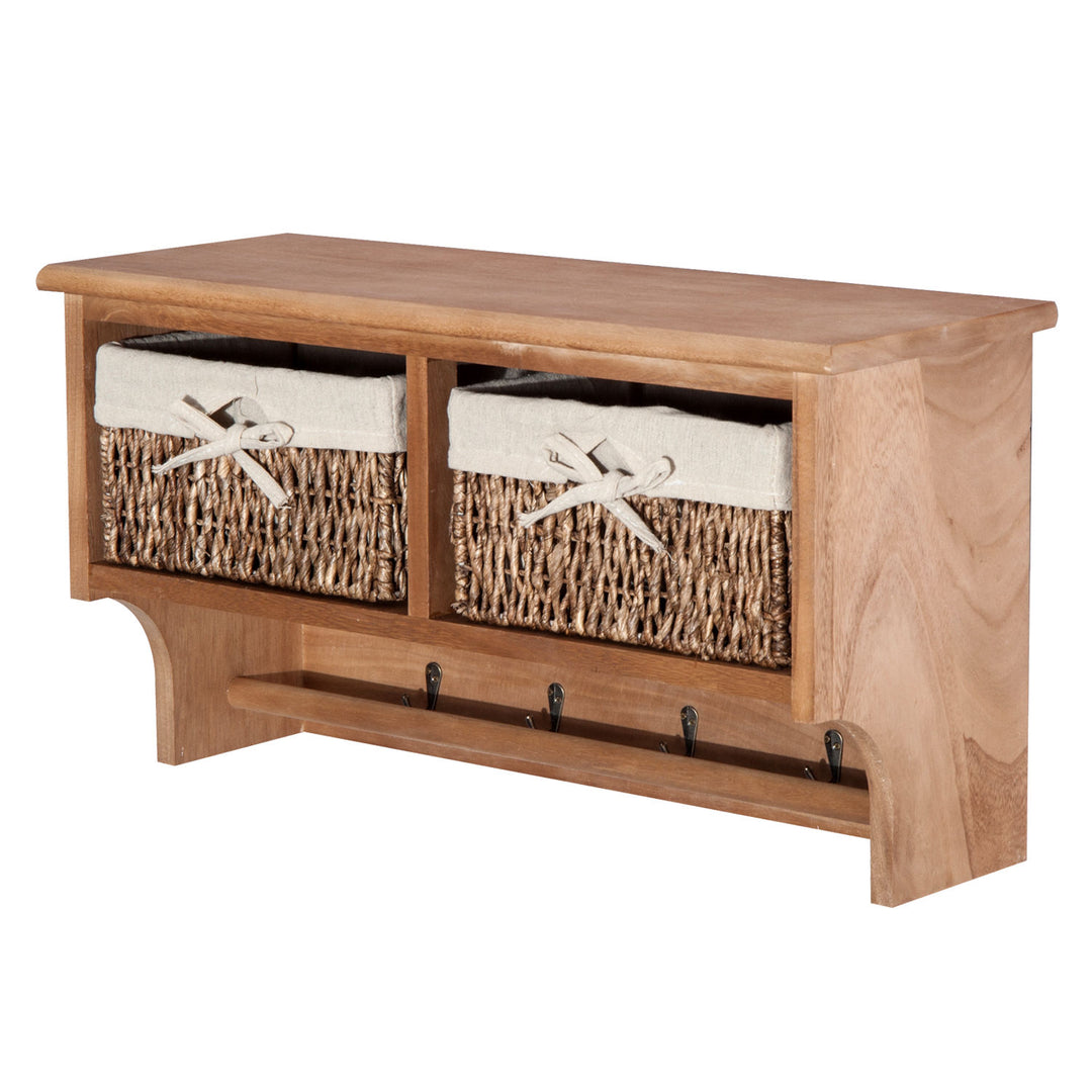 MCL Entryway Coat Rack Wall Mounted Shelf w/ 2 Corn Husk Baskets and Hooks, Brown