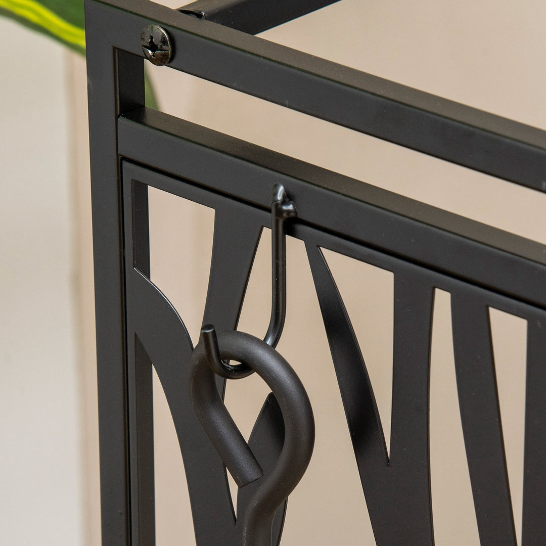 MCL Steel Firewood Log Holder Indoor Outdoor Firewood Rack Fireplace Wood Storage Shelf with 4 Tools, Hooks, Tree Pattern Design, Rust-Resistant, Black, 46W x 30D x 70H cm