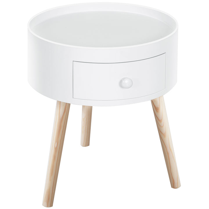 Modern Side Table, Small Coffee Table, Round Bedside Table with Drawer and Wood Legs for Living Room, Bedroom, White