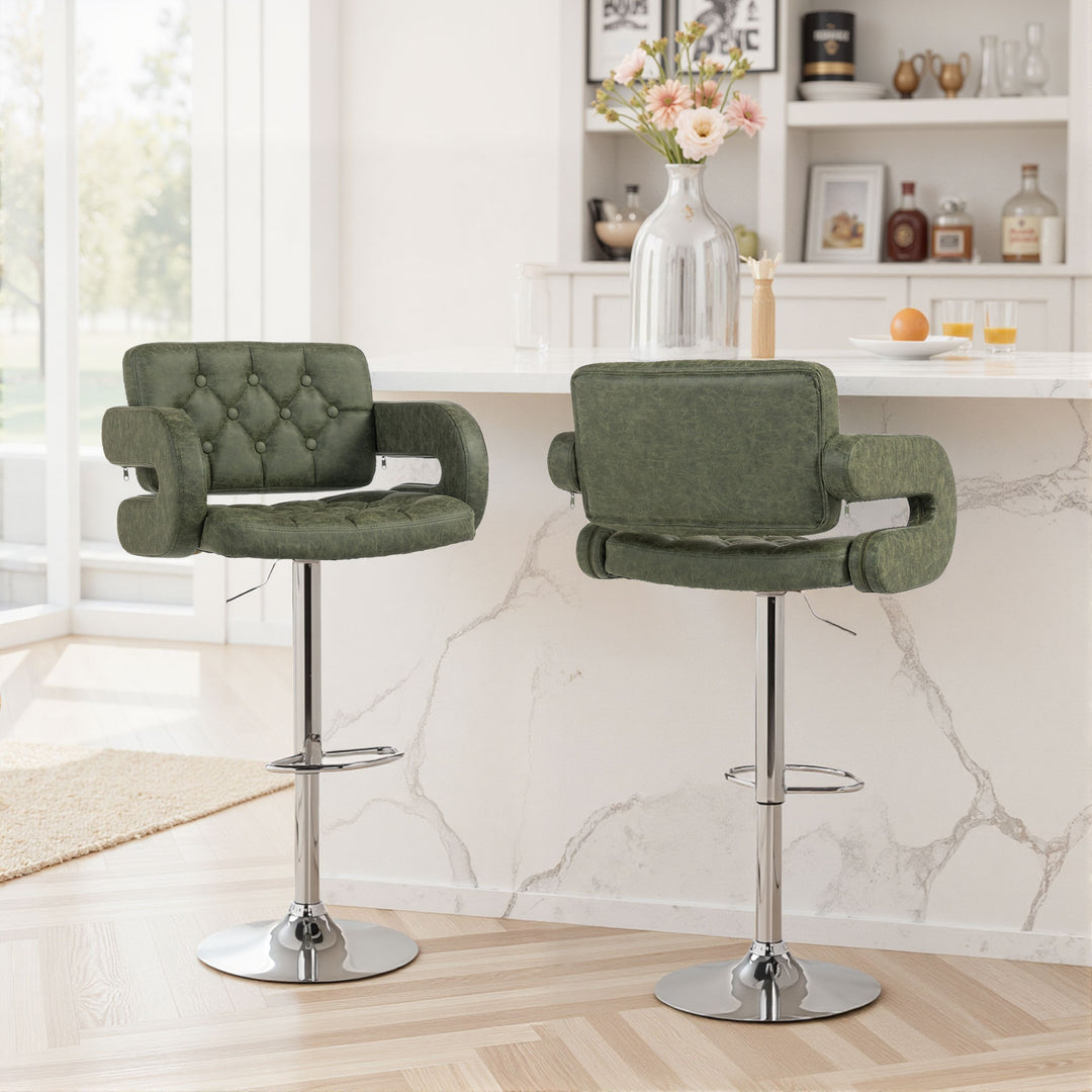 MCL PU Leather Upholstered Swivel Bar Stool, Height Adjustable with Back, Armrest, Footrest, Green