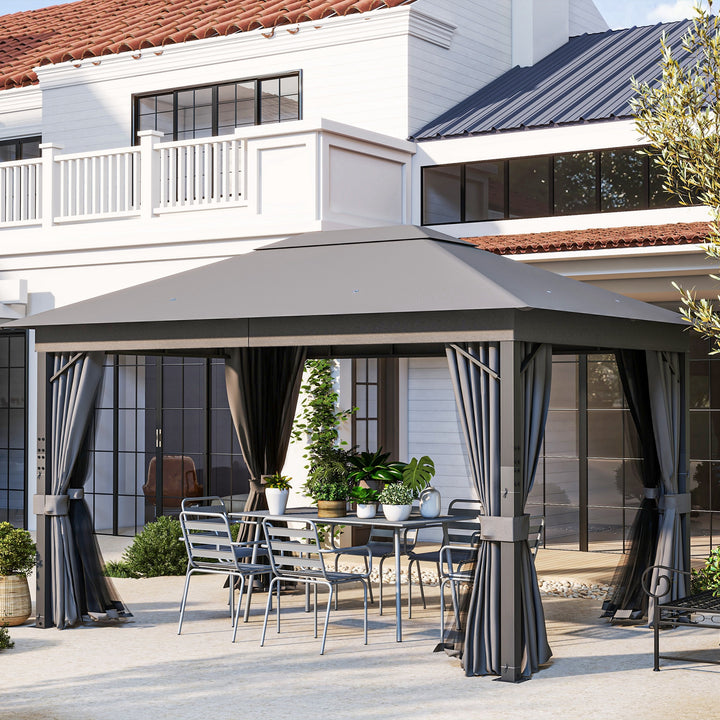 4 x 3(m) Patio Gazebo Canopy, with Vented Roof, Netting, Curtains, Aluminium Frame, Grey