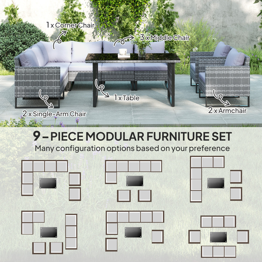 9 Piece Rattan Garden Furniture Set, 8 Seater Garden Corner Sofa with Cushions and Glass Top Table, Sectional Outdoor Furniture Conservatory Set for Patio, Light Grey