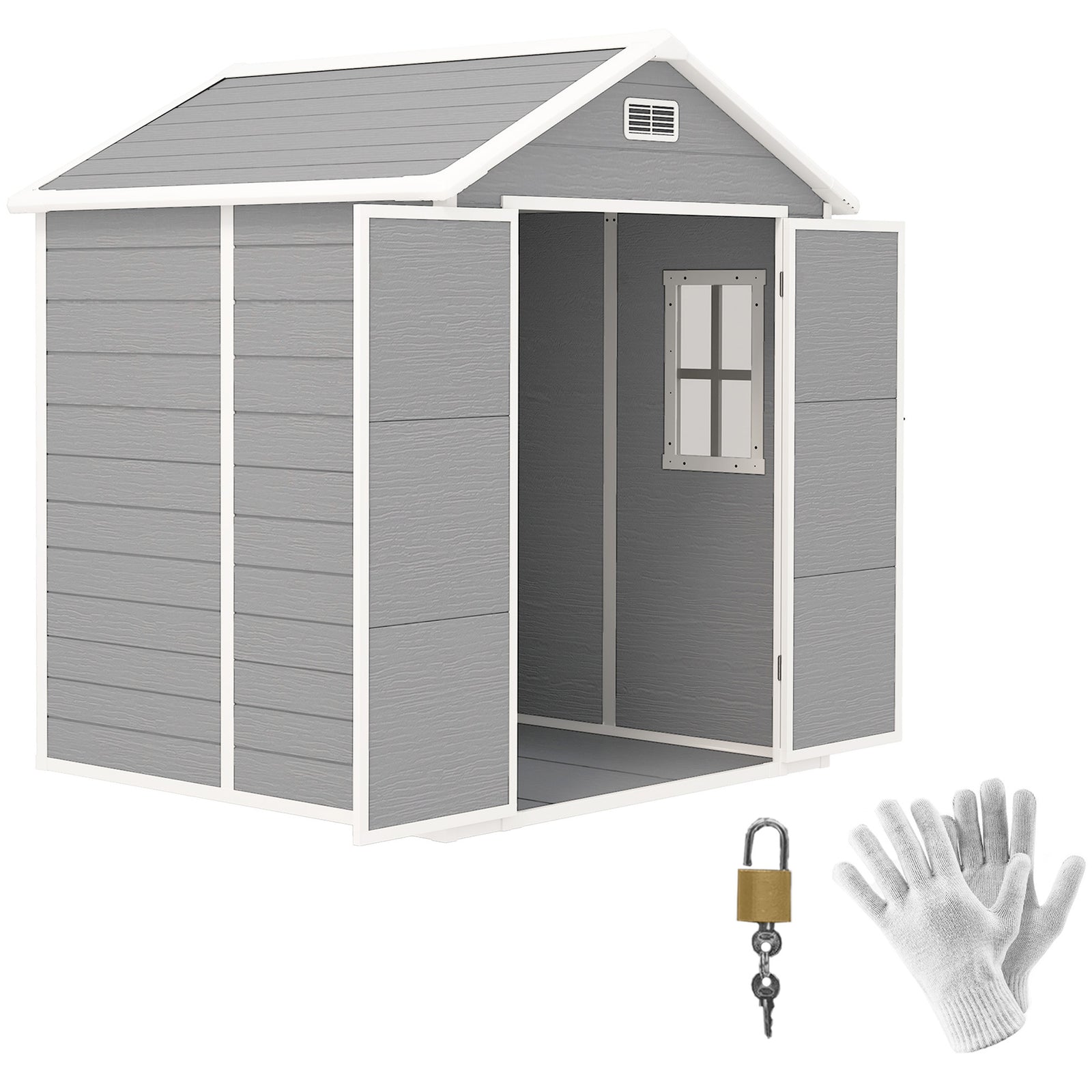 6 x 5ft Garden Shed, Plastic Shed with Floor, Window, Lockable Doors and Vents, Wood Effect Resin Tool Shed for Outdoor Patio, Dark Grey