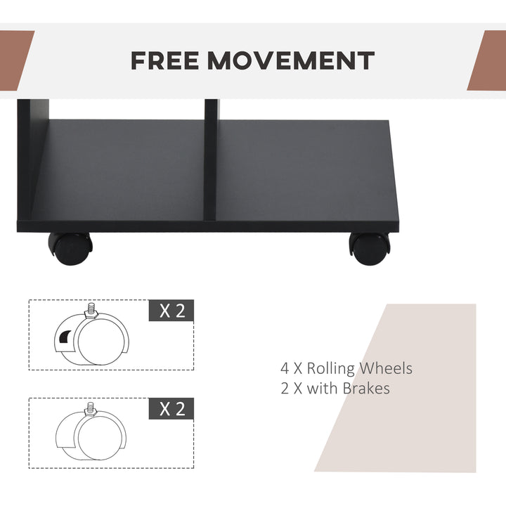 C-Shape End Table Unique Storage Unit w/ 2 Shelves 4 Wheels Freestanding Home Furniture Cabinet Square Black