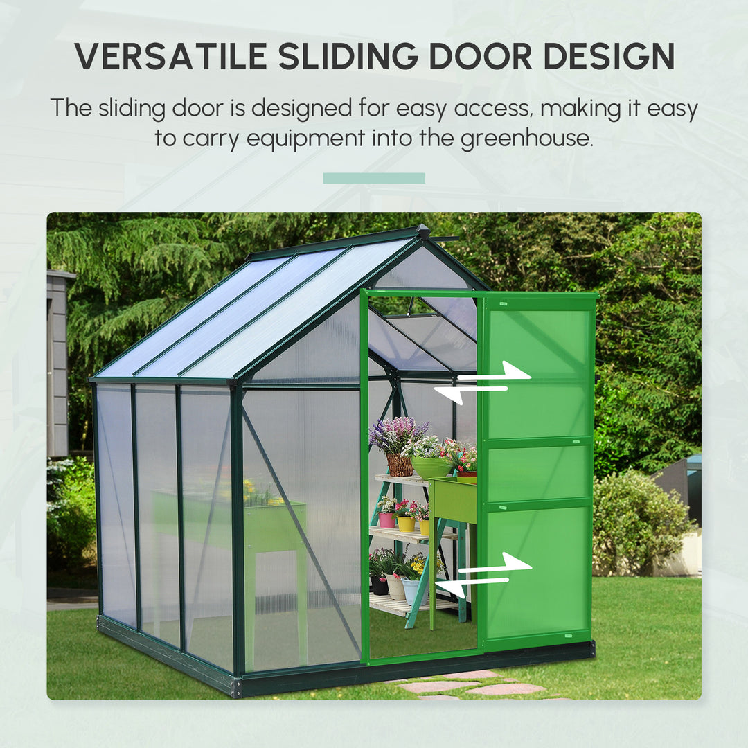 6 x 6ft Polycarbonate Greenhouse, Large Walk-In Green House with Slide Door and Window, Garden Plants Grow House with Aluminium Frame and Foundation, Dark Green