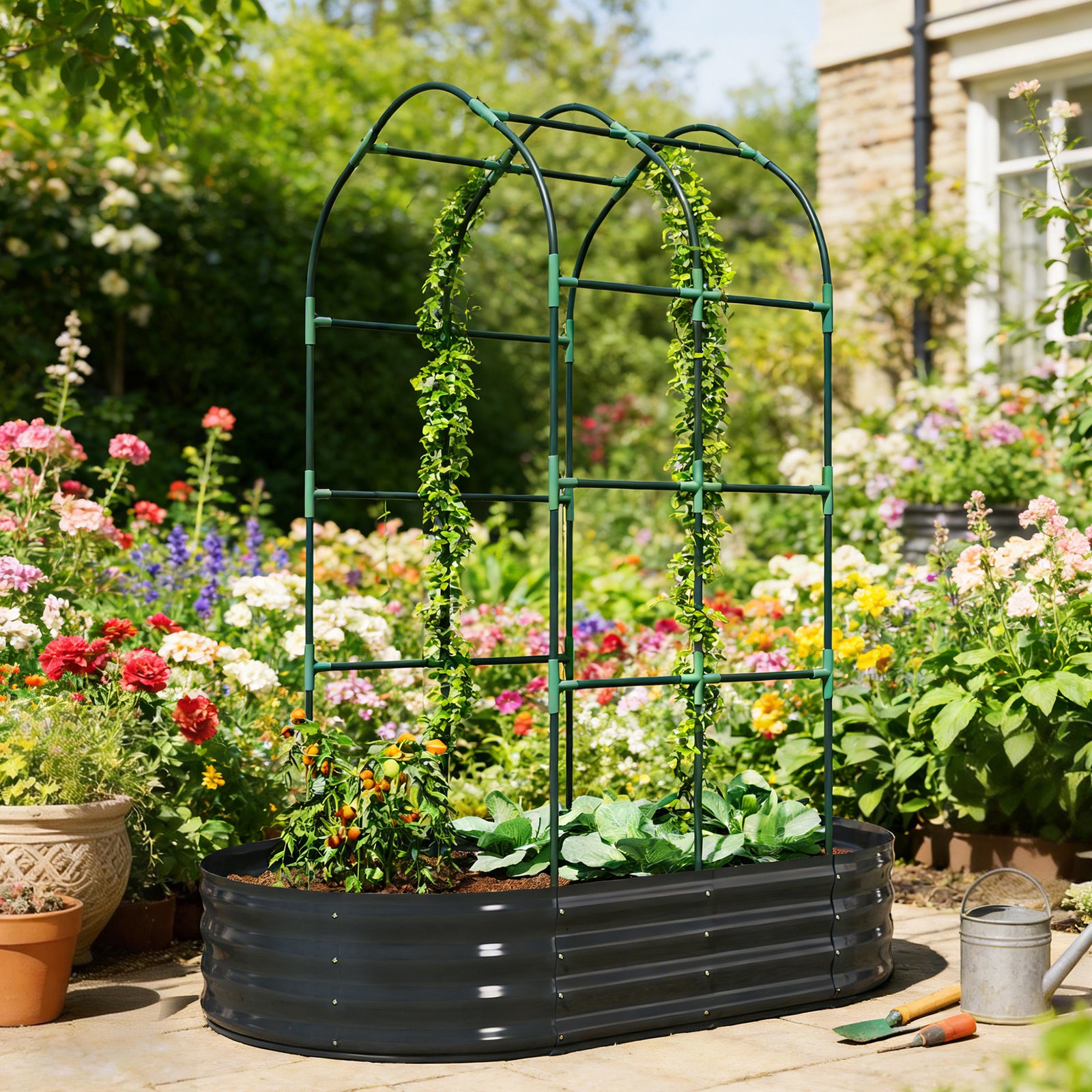 Galvanised Raised Garden Bed with Arched Trellis, 5 x 3 x 6ft Metal Ra