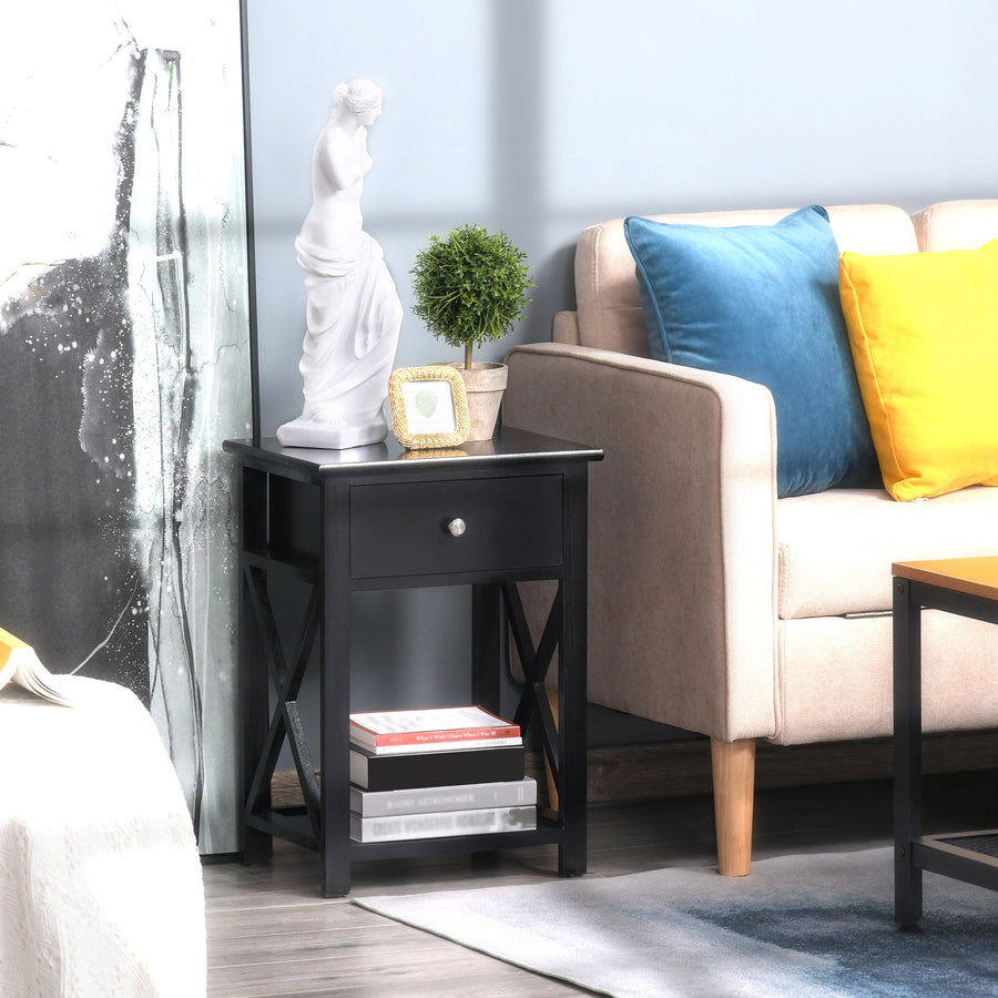 End Table, Sofa Side Table with Drawer X Bar Bottom Storage Shelf, Nightstand Bedside Table for Bedroom or Living Room Black