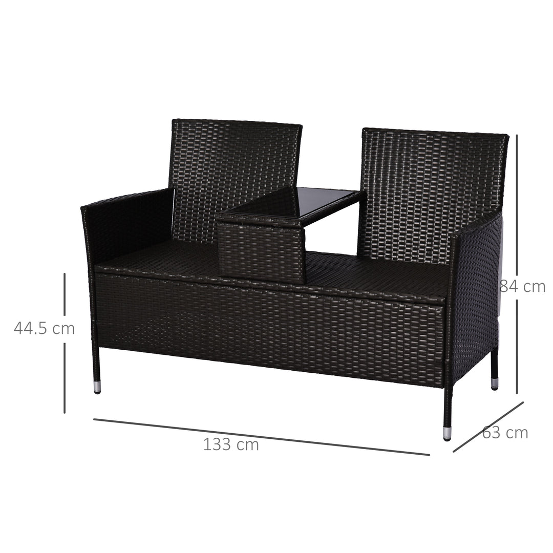 2 Seater Rattan Campanion Chair Wicker Loveseat Outdoor Patio Armchair with Drink Table Garden Furniture - Dark Brown