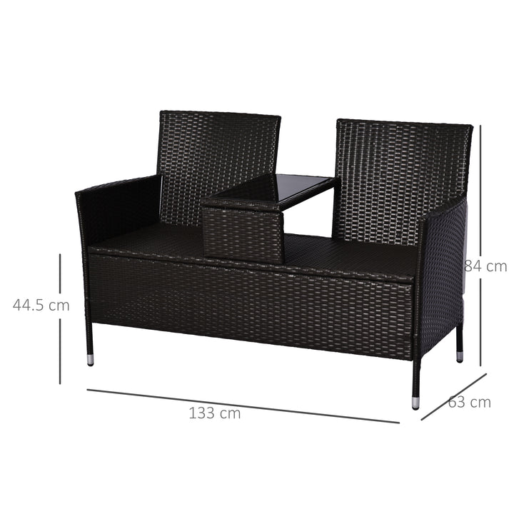 2 Seater Rattan Campanion Chair Wicker Loveseat Outdoor Patio Armchair with Drink Table Garden Furniture - Dark Brown