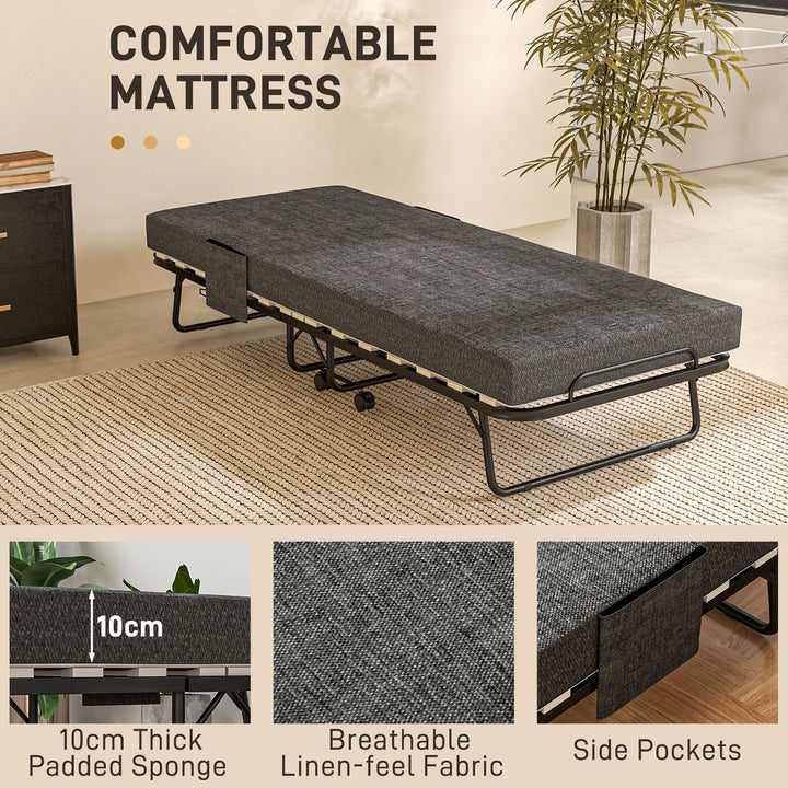 Single Steel Frame Folding Bed, with Wheels - Black/Grey