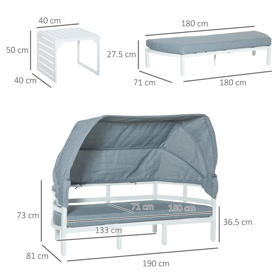 Outsunny 4 Pieces Outdoor Garden Sofa Set, Aluminum Patio Lounge Bed Furniture Set, with Canopy, Padded Cushions & Side Tables, White