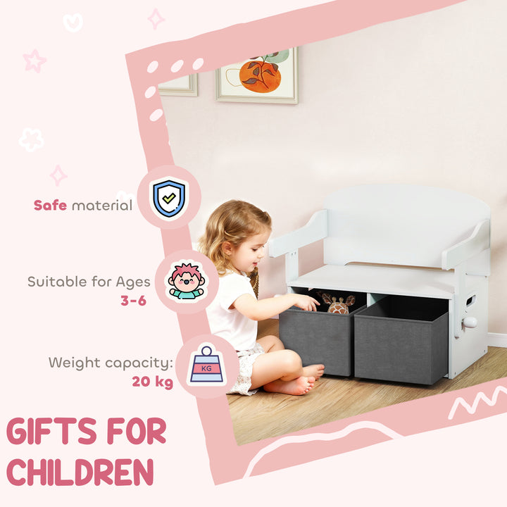 3 in 1 Kids Storage Bench, Convertible Children Table and Chair Set with 2 Fabric Bins, Toy Storage Box