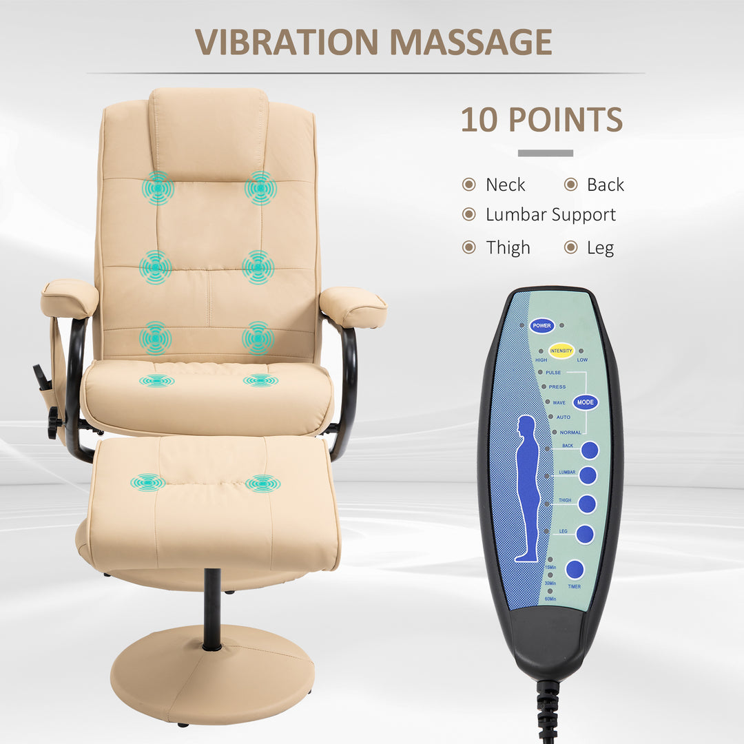 Swivel Recliner Chair and Footstool, Faux Leather Massage Recliner Armchair with Remote Control and Round Wrapped Base, Cream