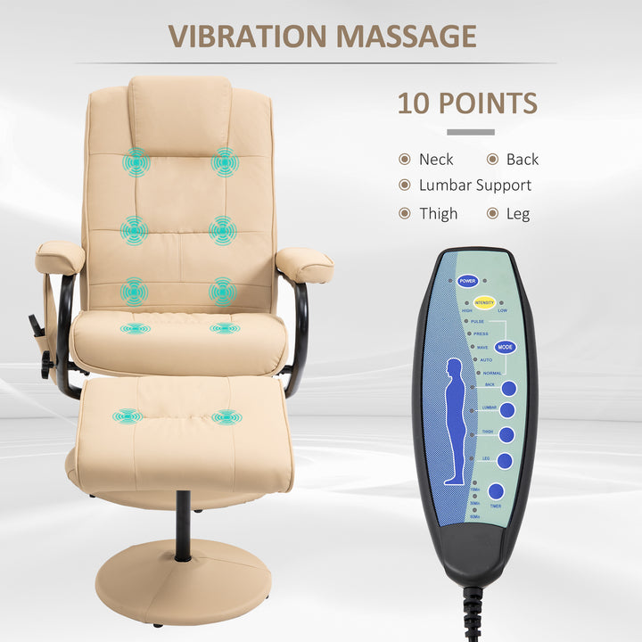 Swivel Recliner Chair and Footstool, Faux Leather Massage Recliner Armchair with Remote Control and Round Wrapped Base, Cream