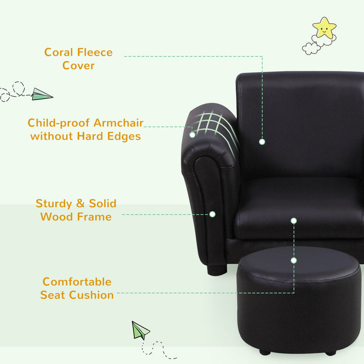 HOMCOM Toddler Chair Single Seater Kids Sofa Set, 54 x 42 x 41cm, Kids Sofa with Stool, Black | Aosom UK