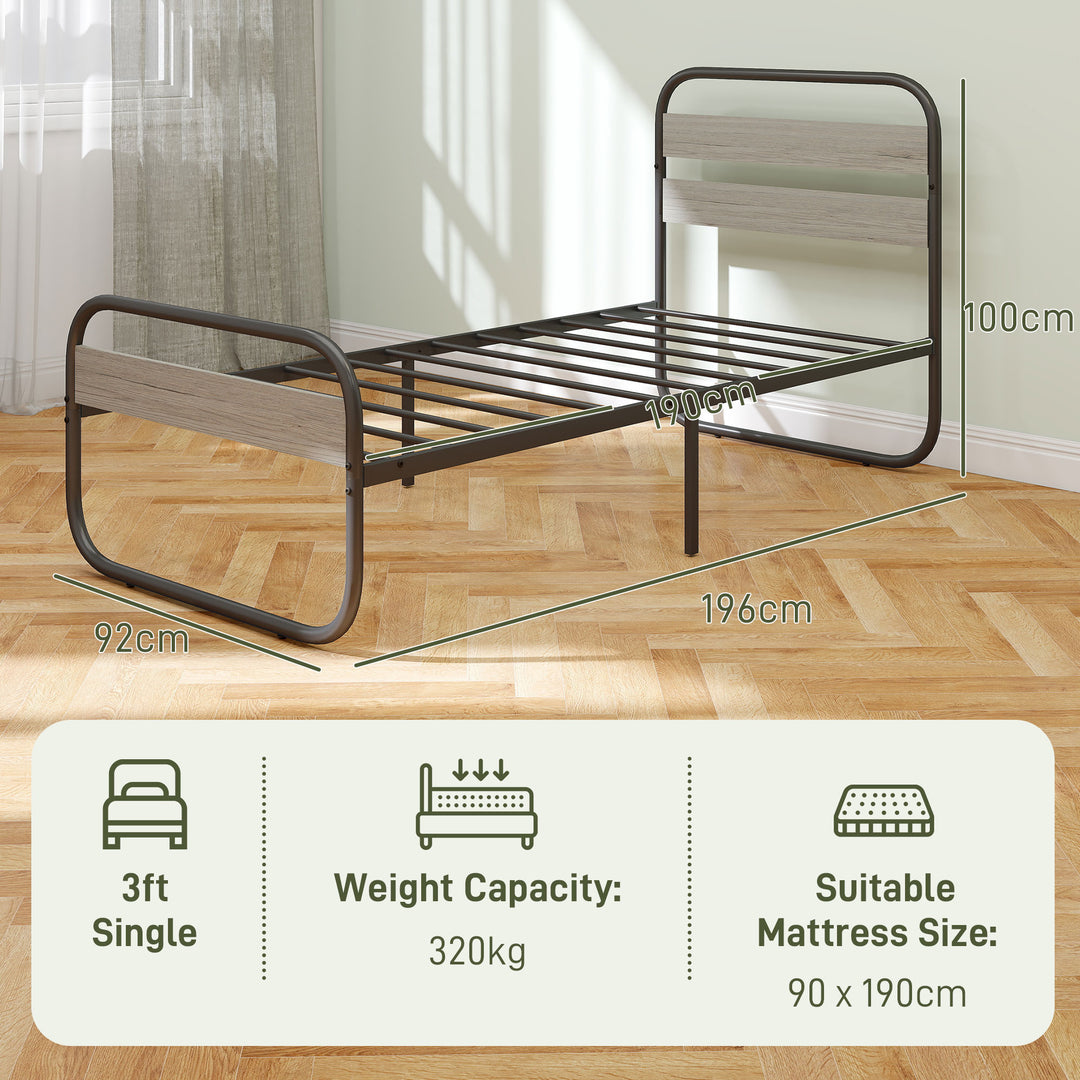 3ft Single Bed Frame, Industrial Style Metal Platform Bed Frame with Under Bed Storage, No Box Spring Needed, Easy Assembly, Grey