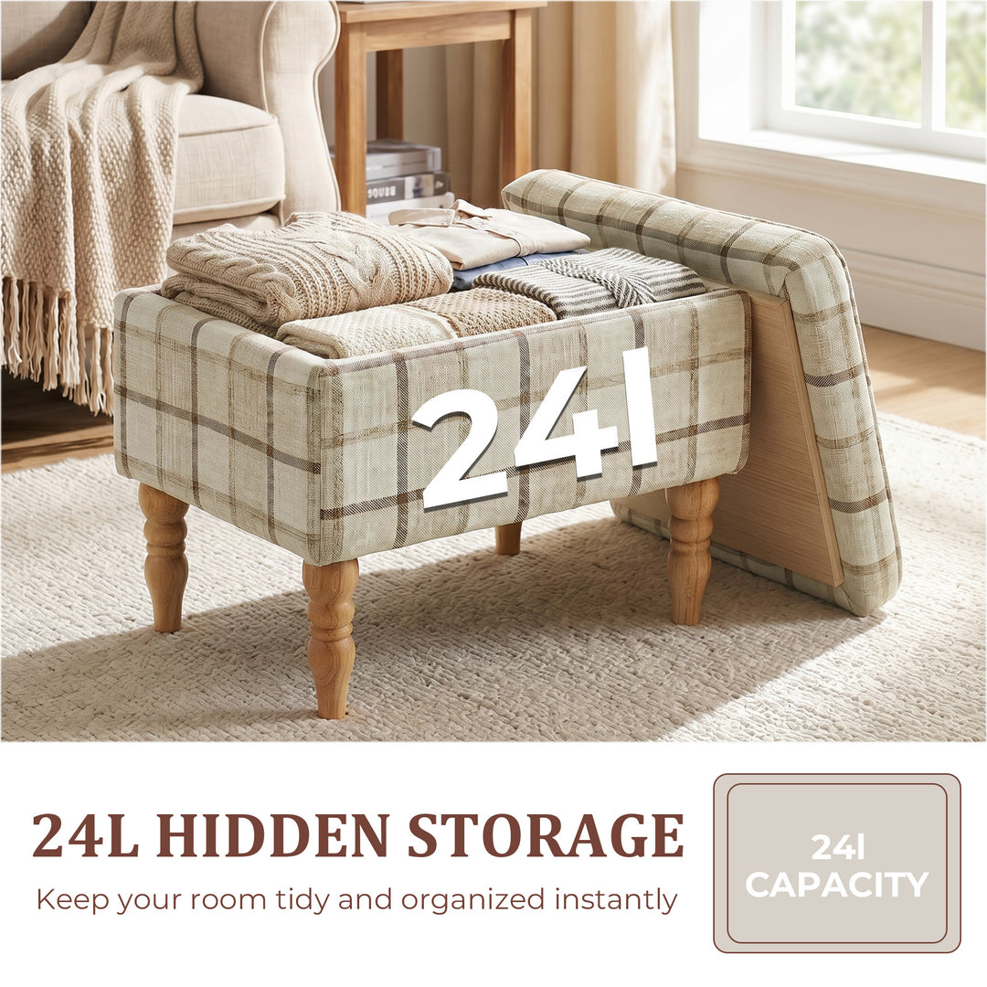 Linen Fabric Upholstered Footstool, Rectangular Storage Stool with Rem